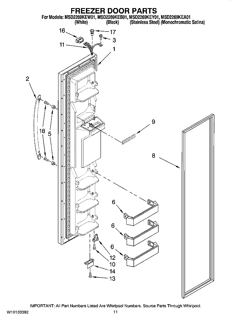 FREEZER DOOR PARTS Diagram and Parts List for MSD2269KEB01  Whirlpool Refrigerator