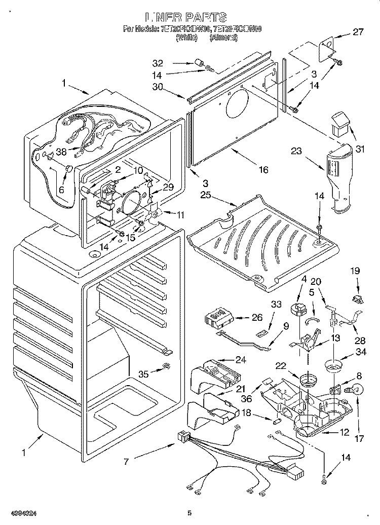 LINER Diagram and Parts List for 7ET20PKXDW00  Whirlpool Refrigerator