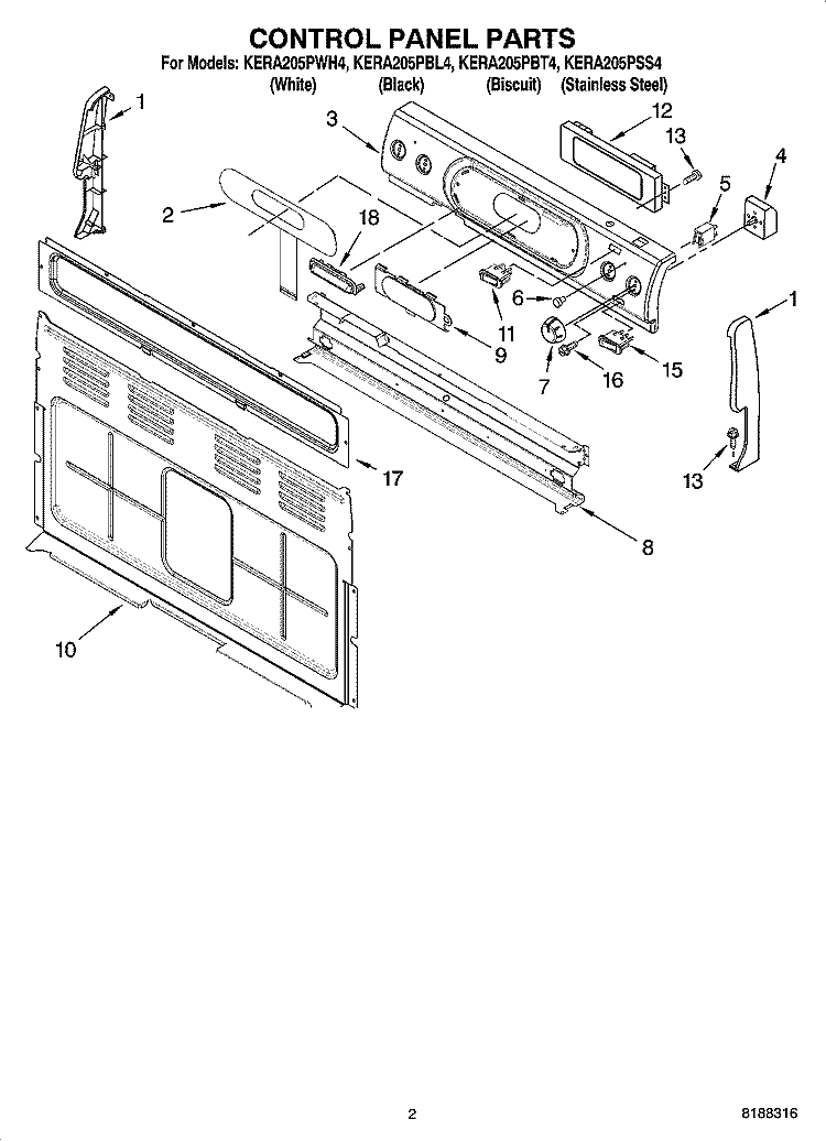 CONTROL PANEL PARTS Diagram and Parts List for KERA205PBL4  KitchenAid Range