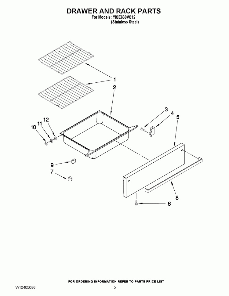 DRAWER AND RACK PARTS Diagram and Parts List for YISE630VS12  Whirlpool Range
