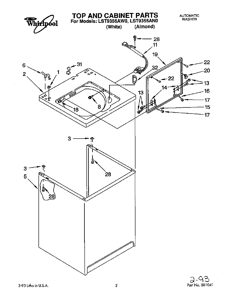 TOP AND CABINET, LIT/OPTIONAL Diagram and Parts List for LST9355AN0  Whirlpool Washer