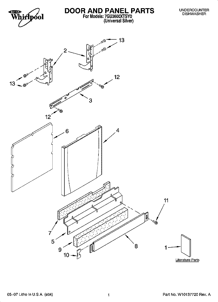 DOOR AND PANEL PARTS Diagram and Parts List for 7GU3600XTSY0  Whirlpool Dishwasher