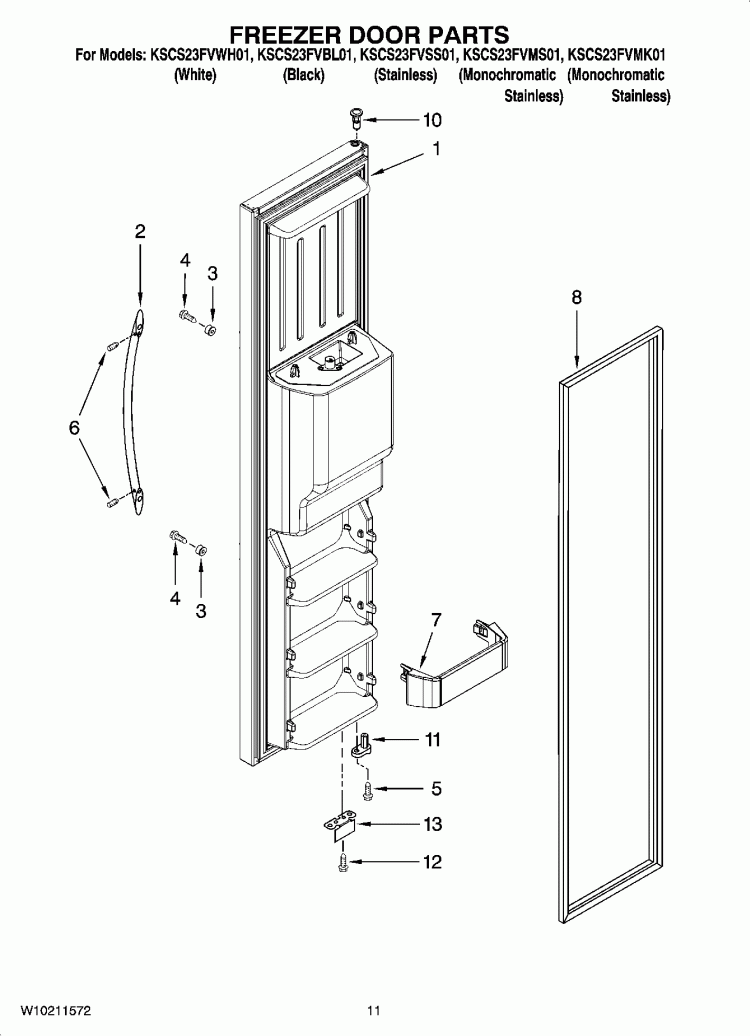 FREEZER DOOR PARTS Diagram and Parts List for KSCS23FVBL01  KitchenAid Refrigerator
