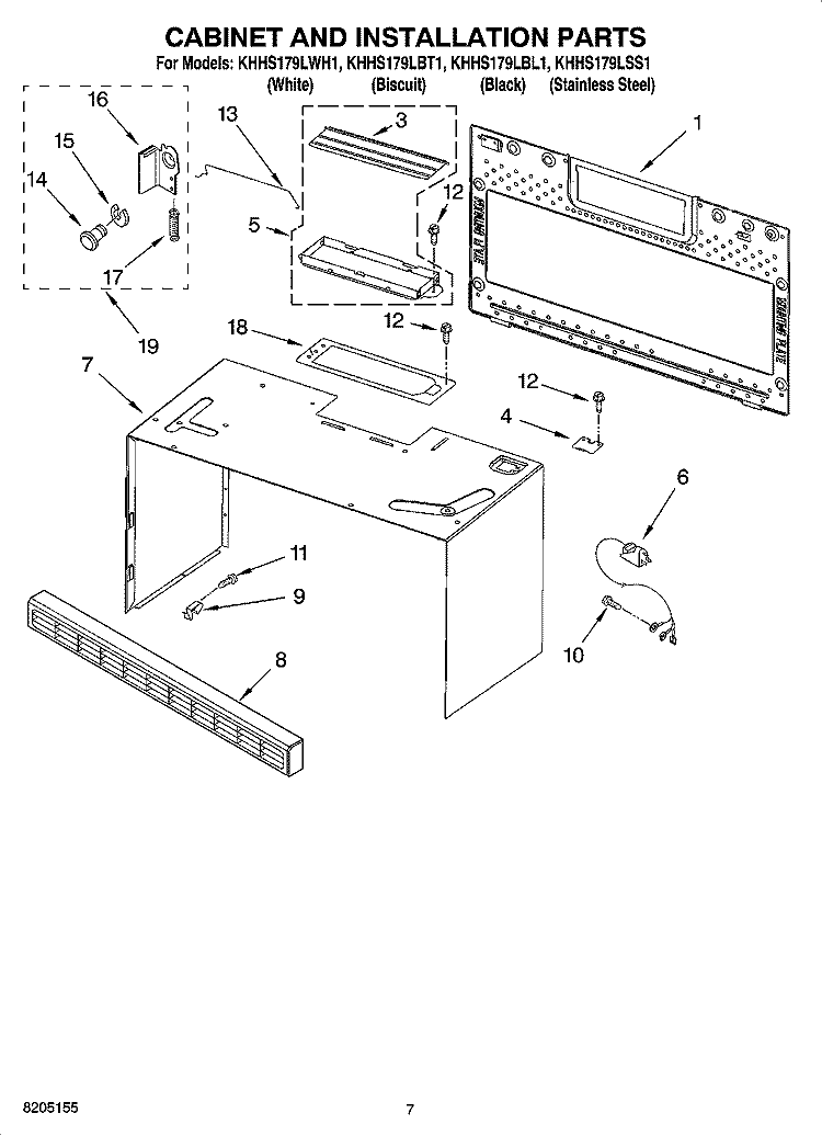 CABINET AND INSTALLATION PARTS Diagram and Parts List for KHHS179LWH1  KitchenAid Microwave
