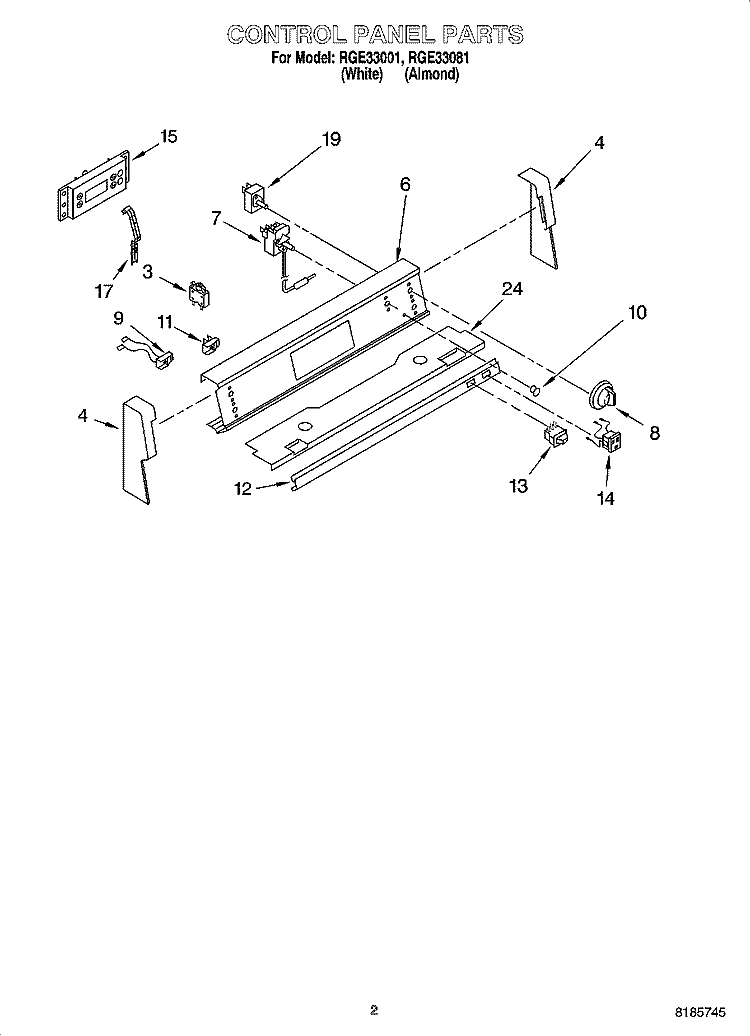 CONTROL PANEL PARTS Diagram and Parts List for RGE33081  Roper Range