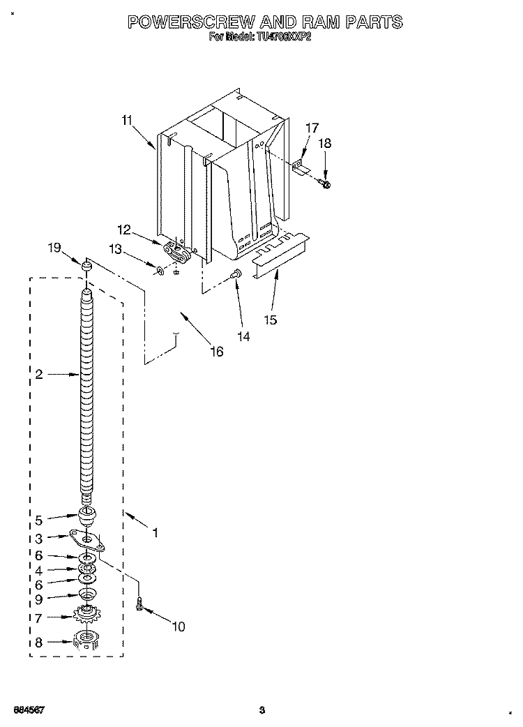 POWERSCREW AND RAM Diagram and Parts List for TU4700XXP2  Whirlpool Trash Compactor