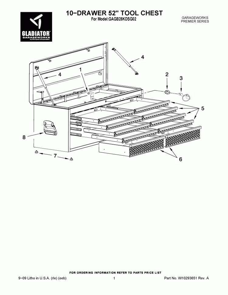 10-DRAWER 52`` TOOL CHEST Diagram and Parts List for GAGB28KDSG02  Whirlpool Cabinet