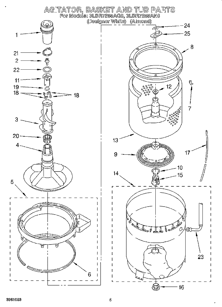AGITATOR, BASKET AND TUB Diagram and Parts List for 3LBR7255AN0  Whirlpool Washer