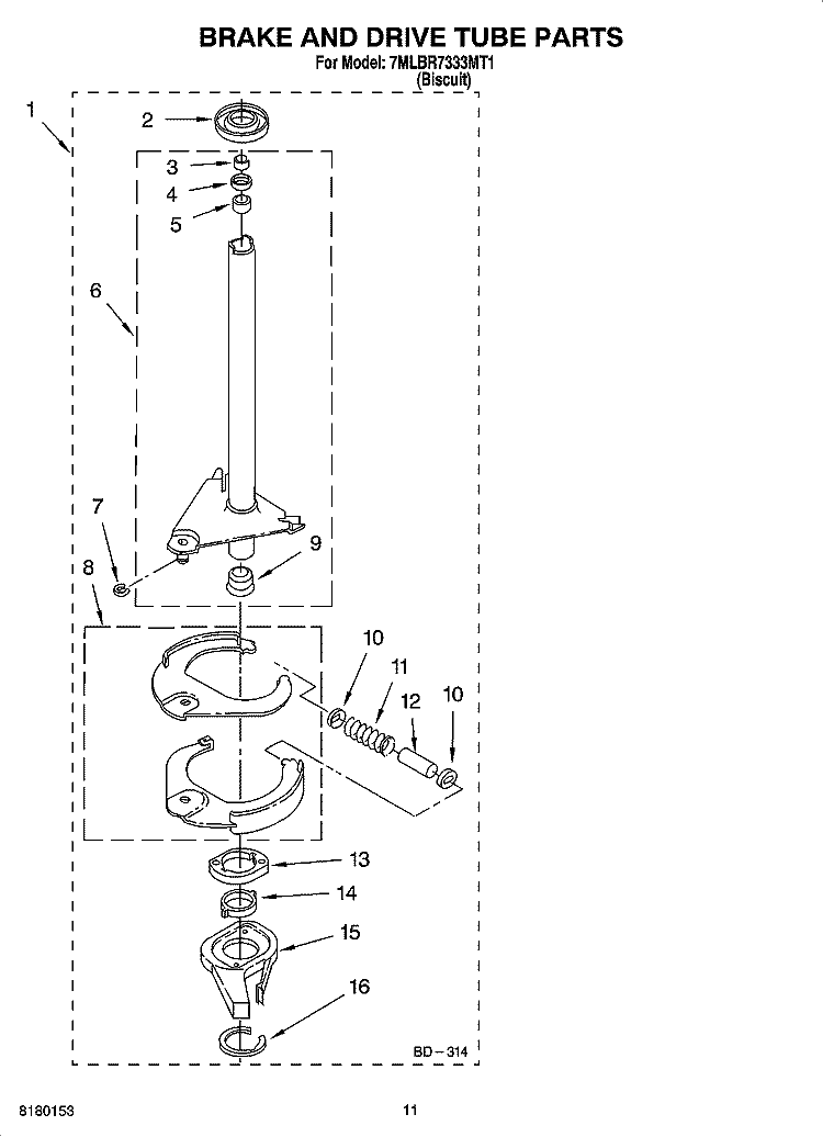 BRAKE AND DRIVE TUBE PARTS Diagram and Parts List for 7MLBR7333MT1  Whirlpool Washer