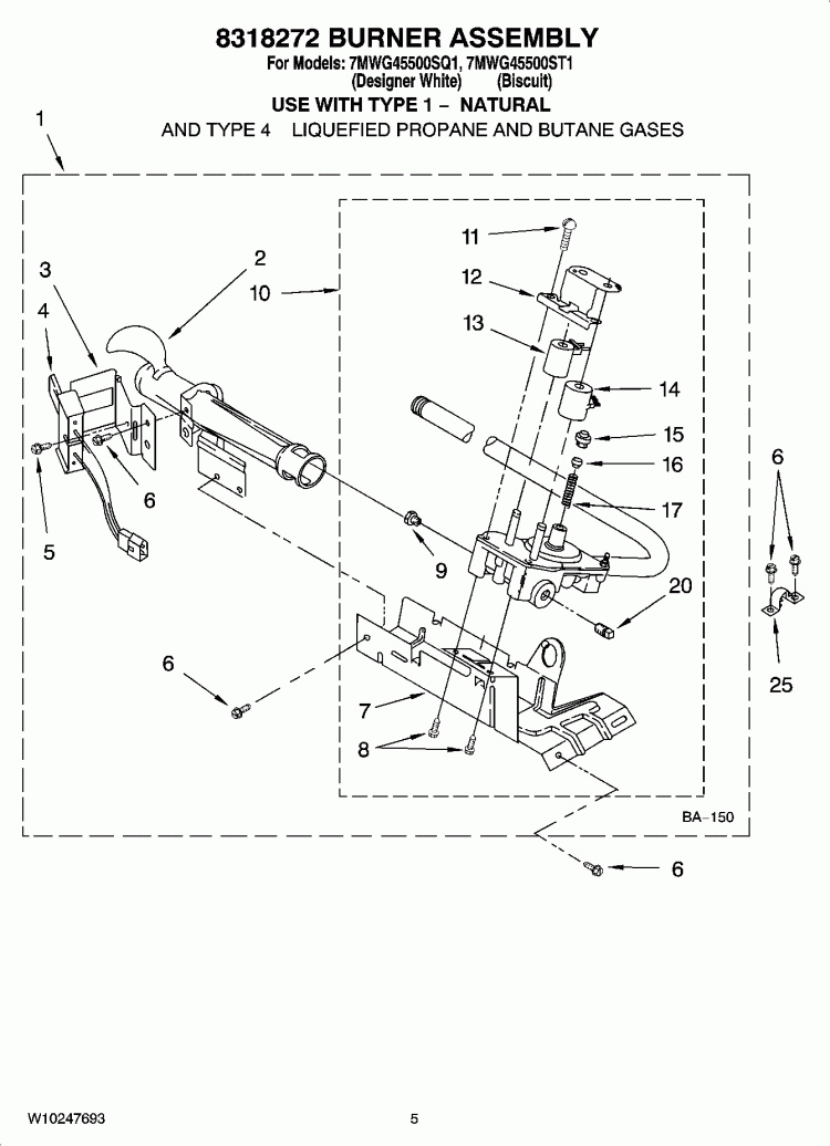 8318272 BURNER ASSEMBLY Diagram and Parts List for 7MWG45500ST1  Whirlpool Dryer