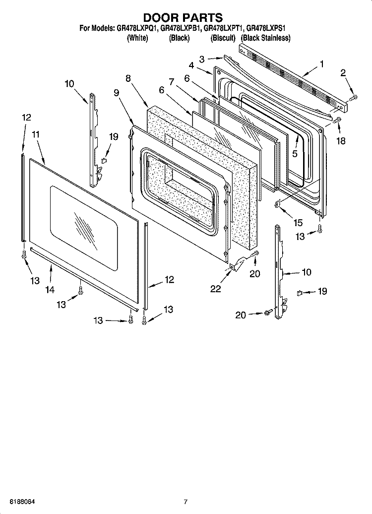 DOOR PARTS, OPTIONAL PARTS Diagram and Parts List for GR478LXPQ1  Whirlpool Range