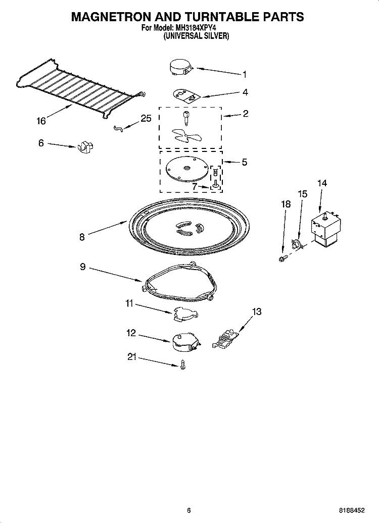 MAGNETRON AND TURNTABLE PARTS Diagram and Parts List for MH3184XPY4  Whirlpool Microwave