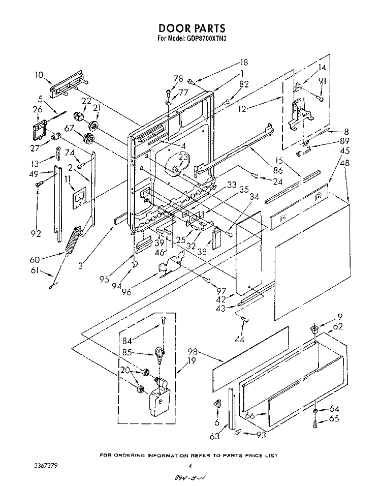DOOR Diagram and Parts List for GDP8700XTN3  Whirlpool Dishwasher