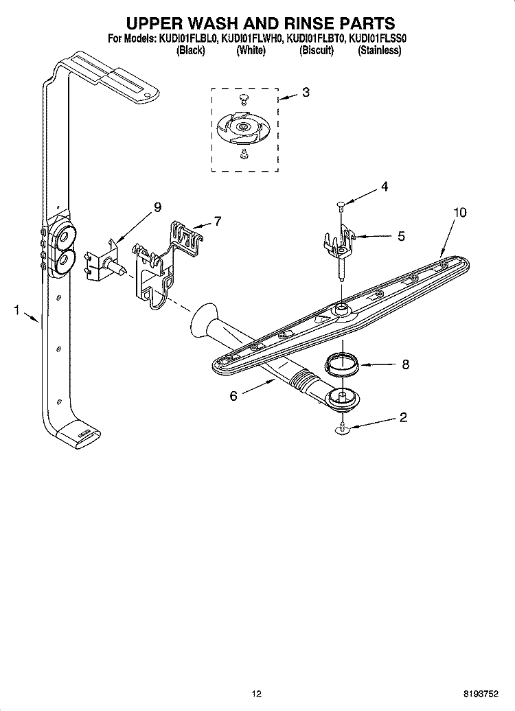 UPPER WASH AND RINSE PARTS Diagram and Parts List for KUDI01FLBL0  KitchenAid Dishwasher