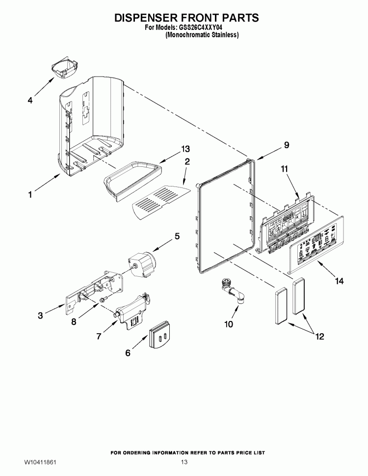 DISPENSER FRONT PARTS Diagram and Parts List for GSS26C4XXY04  Whirlpool Refrigerator