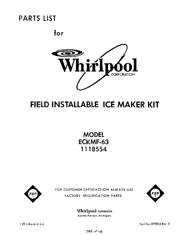 SECTION Diagram and Parts List for ECKMF63  Whirlpool Ice Maker