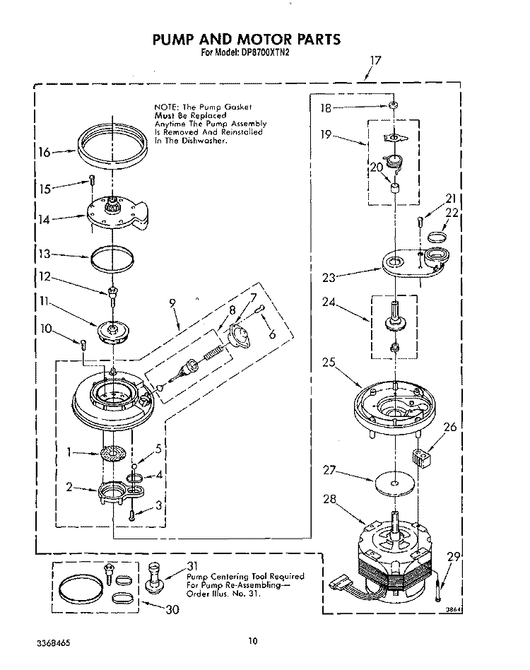 PUMP AND MOTOR Diagram and Parts List for DP8700XTN2  Whirlpool Dishwasher