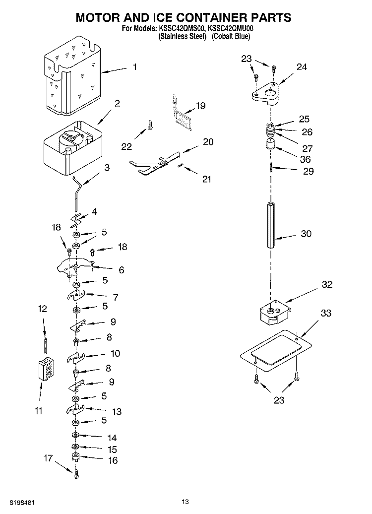 MOTOR AND ICE CONTAINER PARTS Diagram and Parts List for KSSC42QMS00  KitchenAid Refrigerator