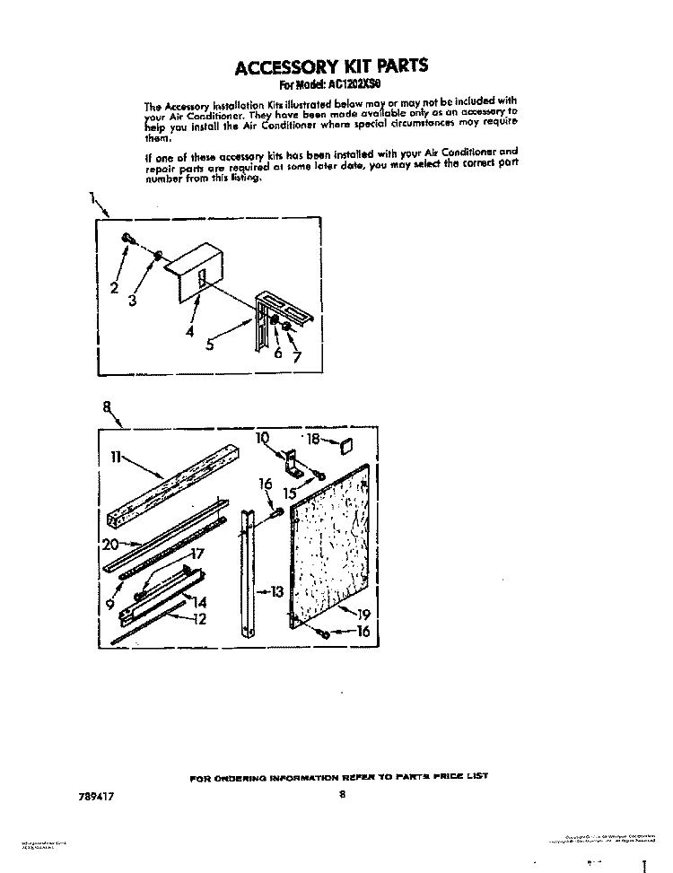 ACCESSORIES Diagram and Parts List for AC1202XS0  Whirlpool Air Conditioner