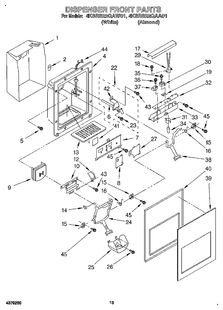 DISPENSER FRONT Diagram and Parts List for 4KSRS22QAA01  KitchenAid Refrigerator