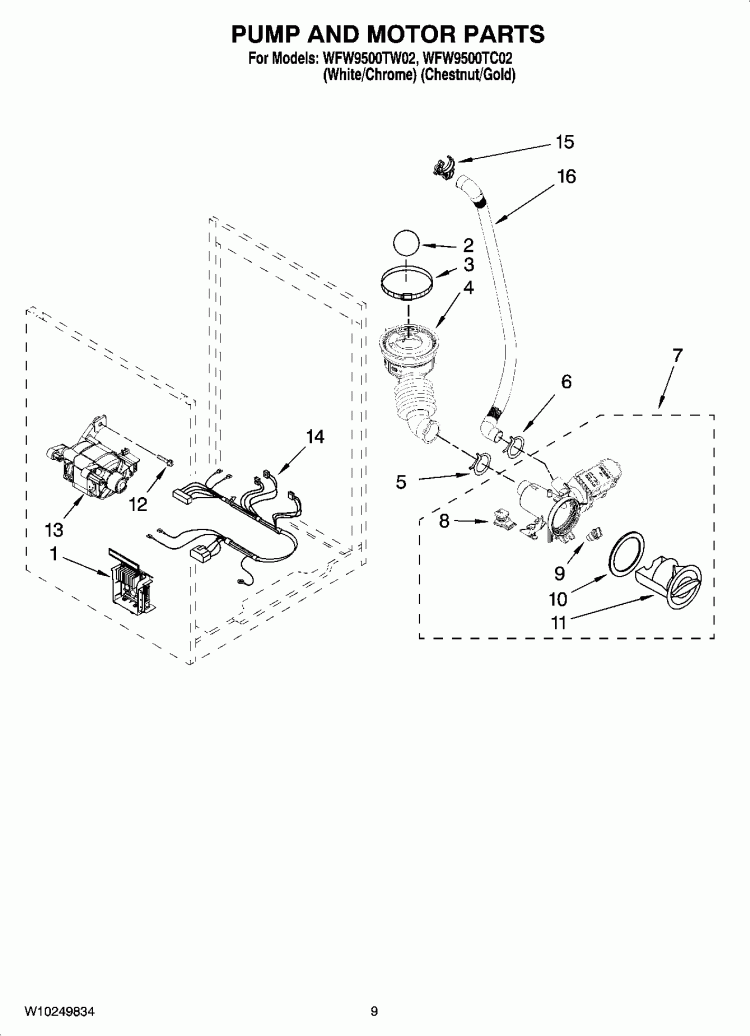 PUMP AND MOTOR PARTS, OPTIONAL PARTS (NOT INCLUDED) Diagram and Parts List for WFW9500TW02  Whirlpool Washer