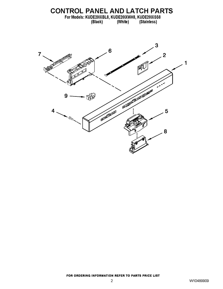 CONTROL PANEL AND LATCH PARTS Diagram and Parts List for KUDE20IXBL8  KitchenAid Dishwasher