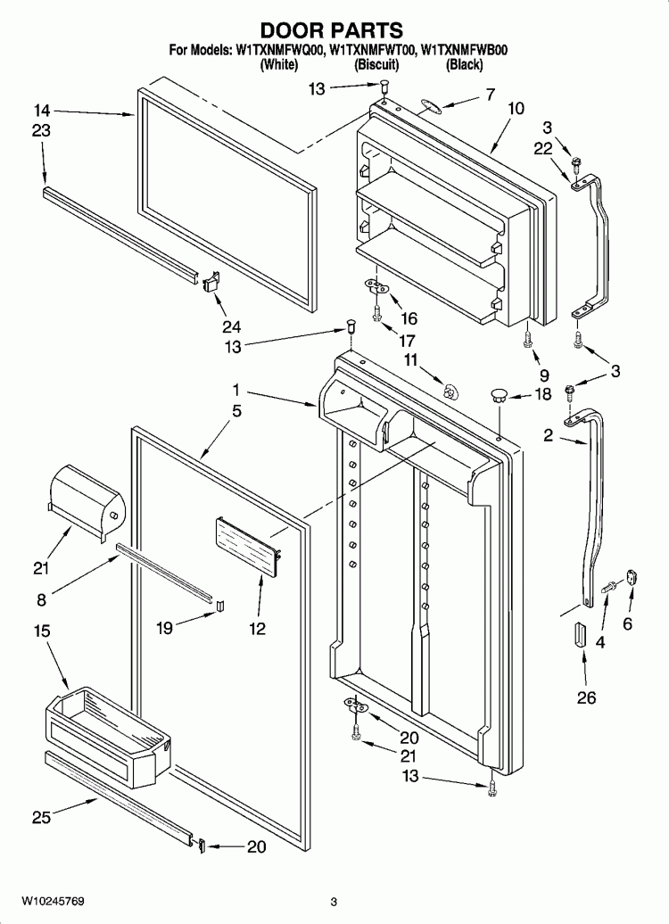DOOR PARTS Diagram and Parts List for W1TXNMFWB00  Whirlpool Refrigerator