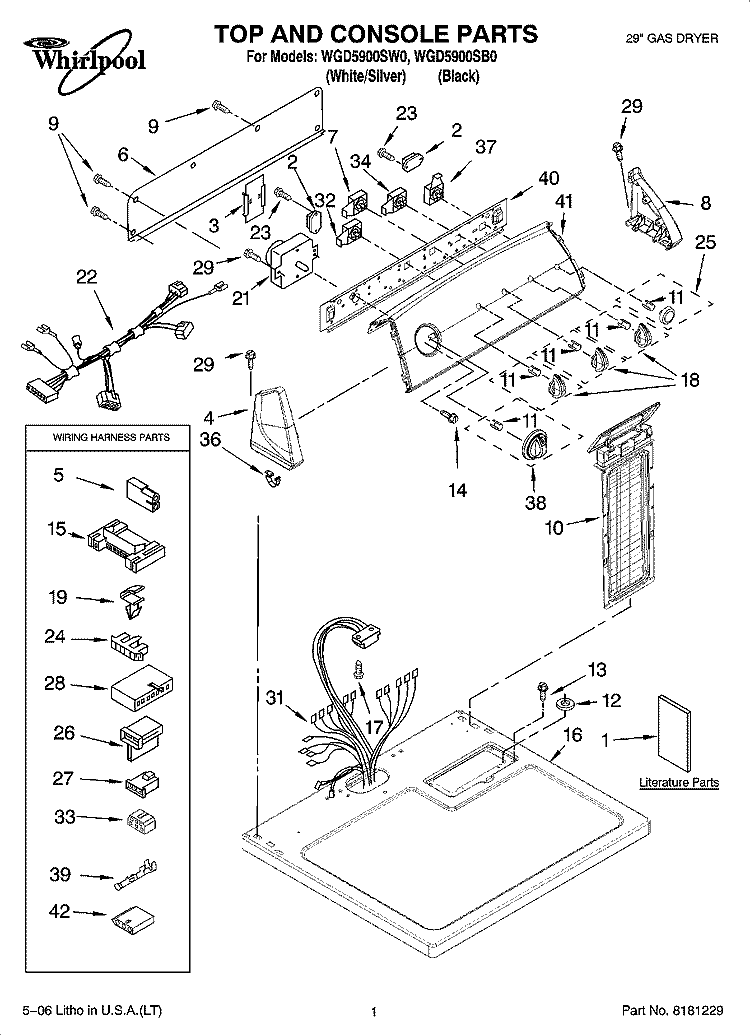 TOP AND CONSOLE PARTS Diagram and Parts List for WGD5900SB0  Whirlpool Dryer