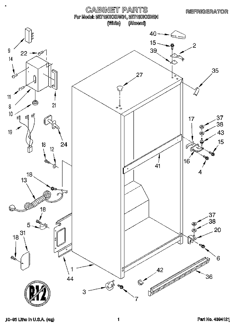 CABINET Diagram and Parts List for 3ET19DKXDN01  Whirlpool Refrigerator