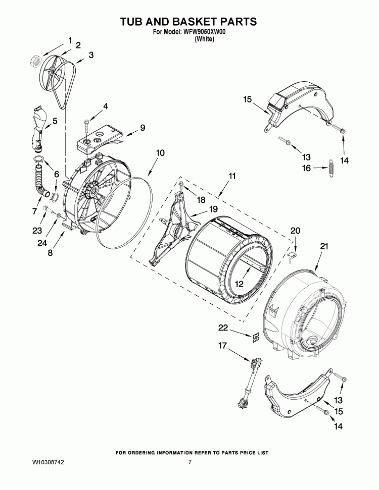 TUB AND BASKET PARTS Diagram and Parts List for WFW9050XW00  Whirlpool Washer