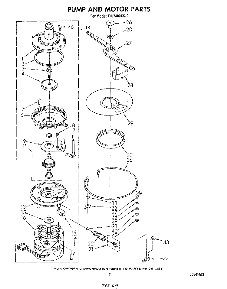 PUMP AND MOTOR Diagram and Parts List for DU7400XS2  Whirlpool Dishwasher