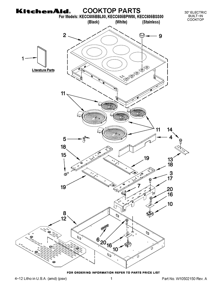 COOKTOP PARTS Diagram and Parts List for KECC605BPW00  KitchenAid Cooktop