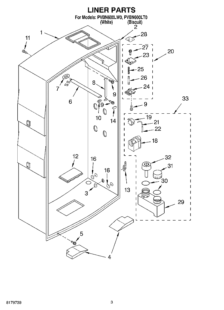 LINER Diagram and Parts List for PVBN600LW0  Whirlpool Cabinet