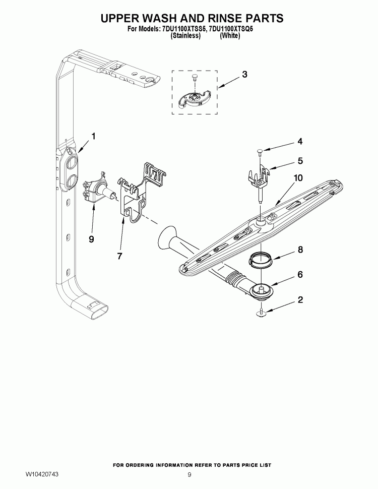 UPPER WASH AND RINSE PARTS Diagram and Parts List for 7DU1100XTSS5  Whirlpool Dishwasher