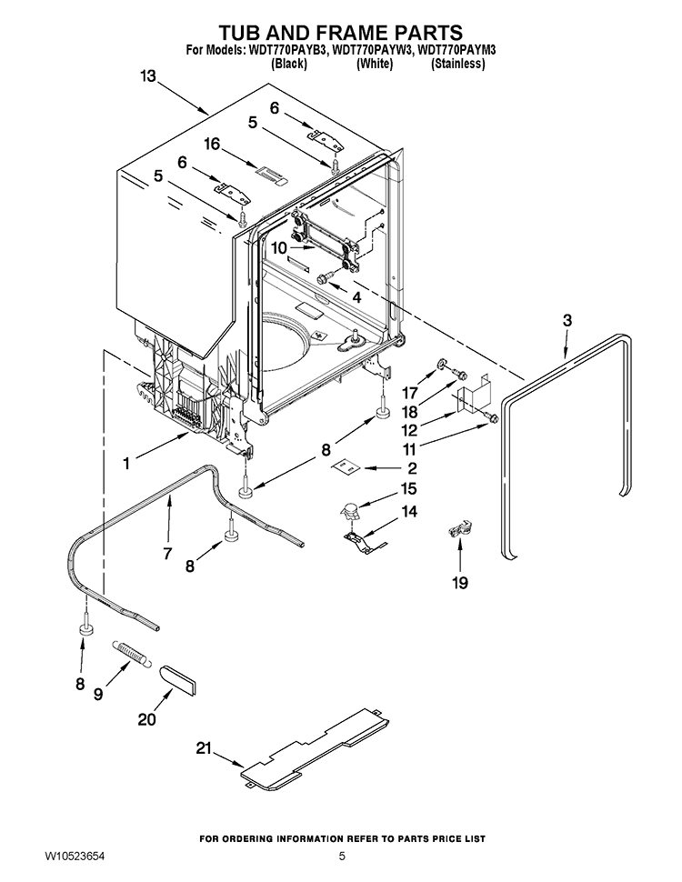 TUB AND FRAME PARTS Diagram and Parts List for WDT770PAYW3  Whirlpool Dishwasher