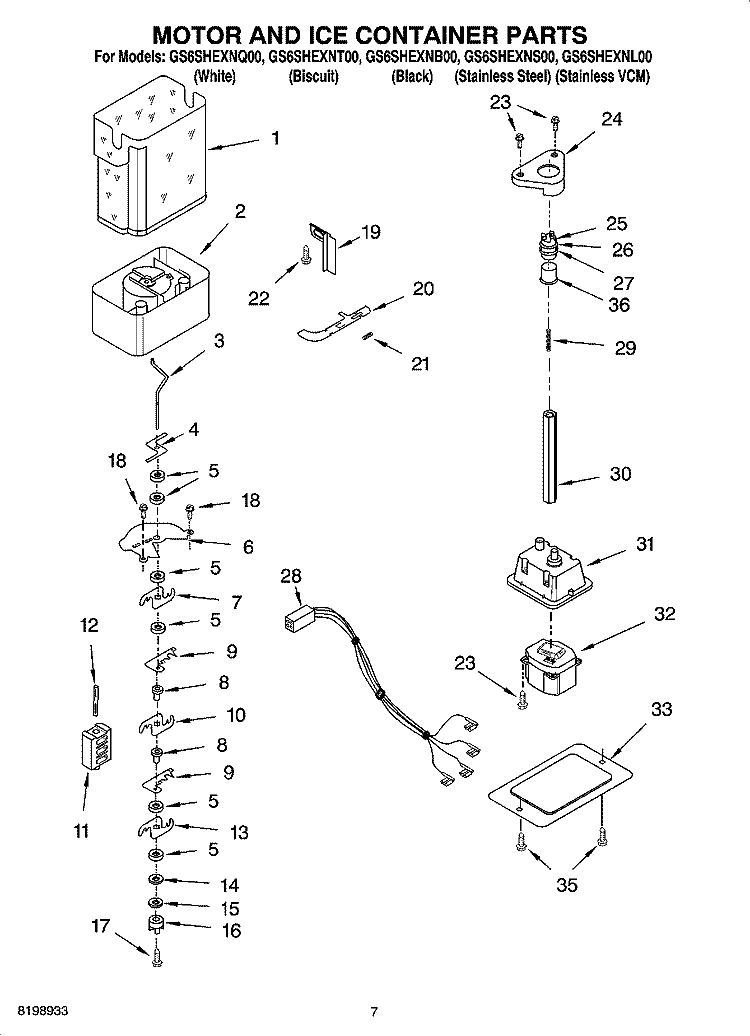 MOTOR AND ICE CONTAINER PARTS Diagram and Parts List for GS6SHEXNB00  Whirlpool Refrigerator