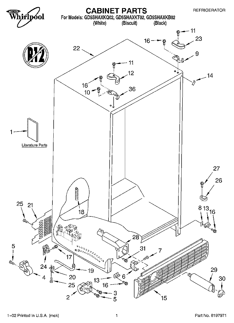 CABINET, LITERATURE Diagram and Parts List for GD5SHAXKT02  Whirlpool Refrigerator