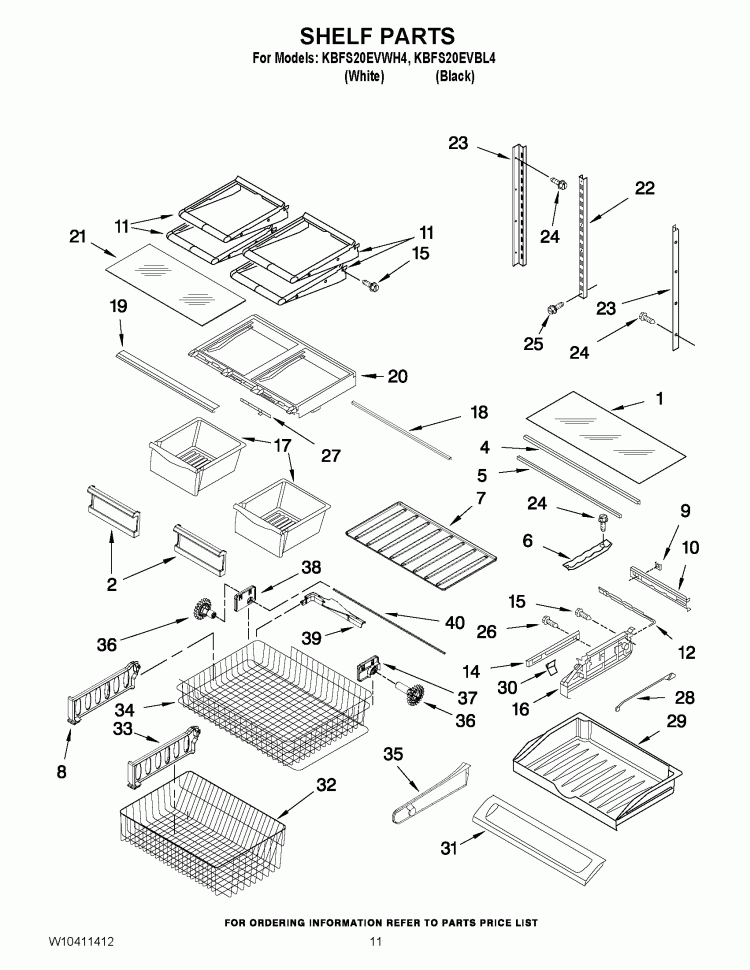 SHELF PARTS Diagram and Parts List for KBFS20EVBL4  KitchenAid Refrigerator