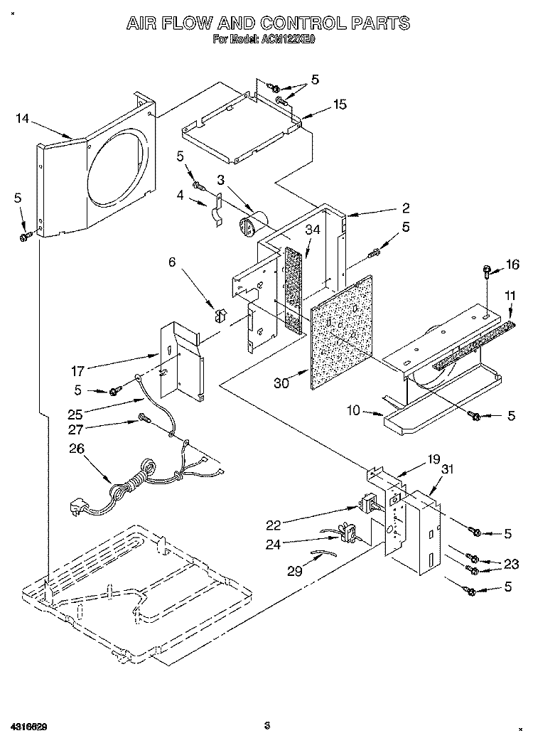 AIRFLOW AND CONTROL Diagram and Parts List for ACM122XE0  Whirlpool Air Conditioner