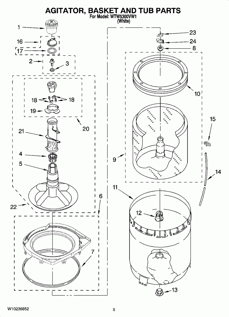 AGITATOR, BASKET AND TUB PARTS Diagram and Parts List for WTW5300VW1  Whirlpool Washer