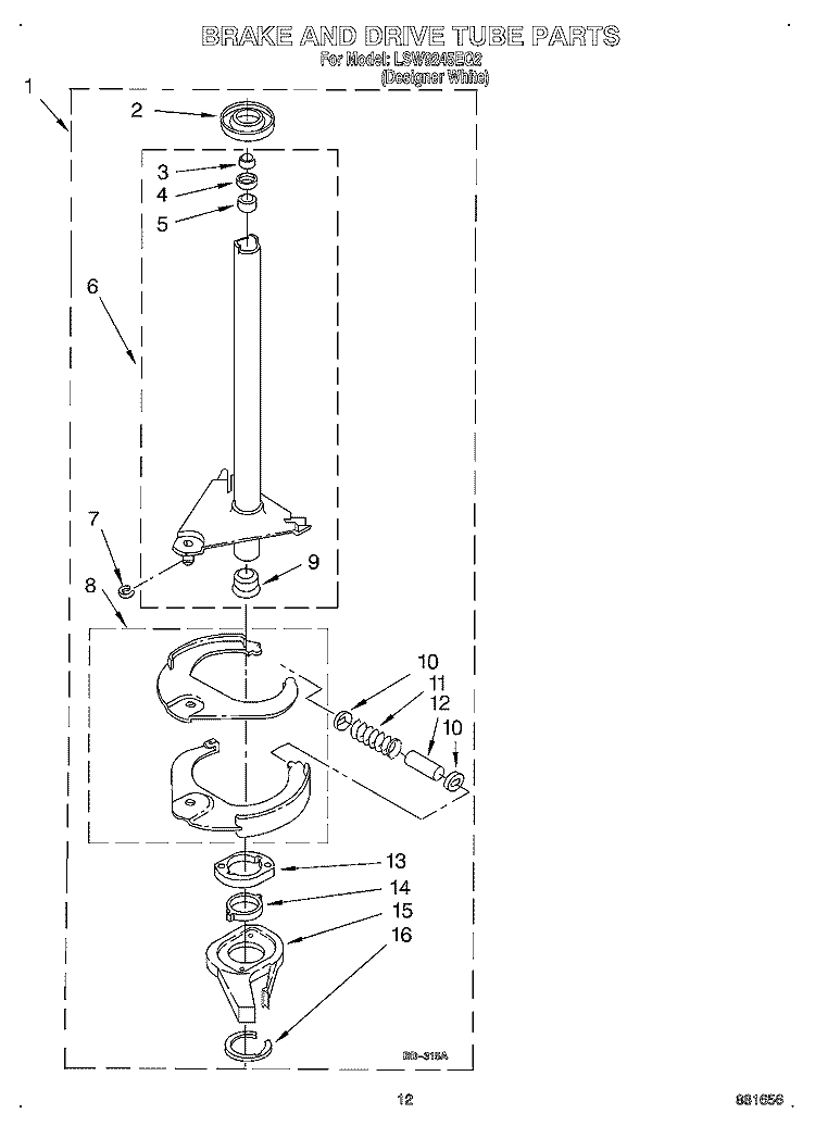 BRAKE AND DRIVE TUBE Diagram and Parts List for LSW9245EQ2  Whirlpool Washer