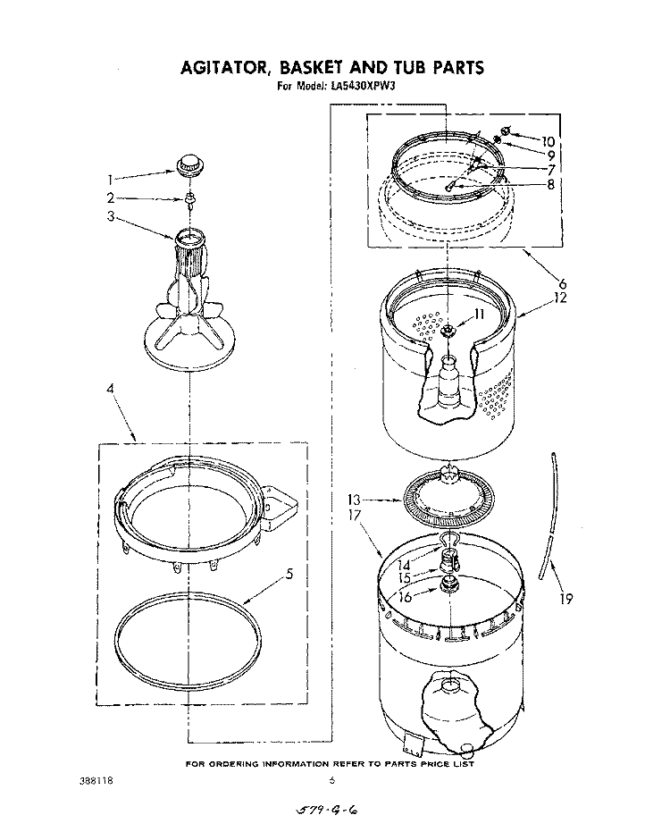 AGITATOR, BASKET AND TUB Diagram and Parts List for LA5430XPW3  Whirlpool Washer