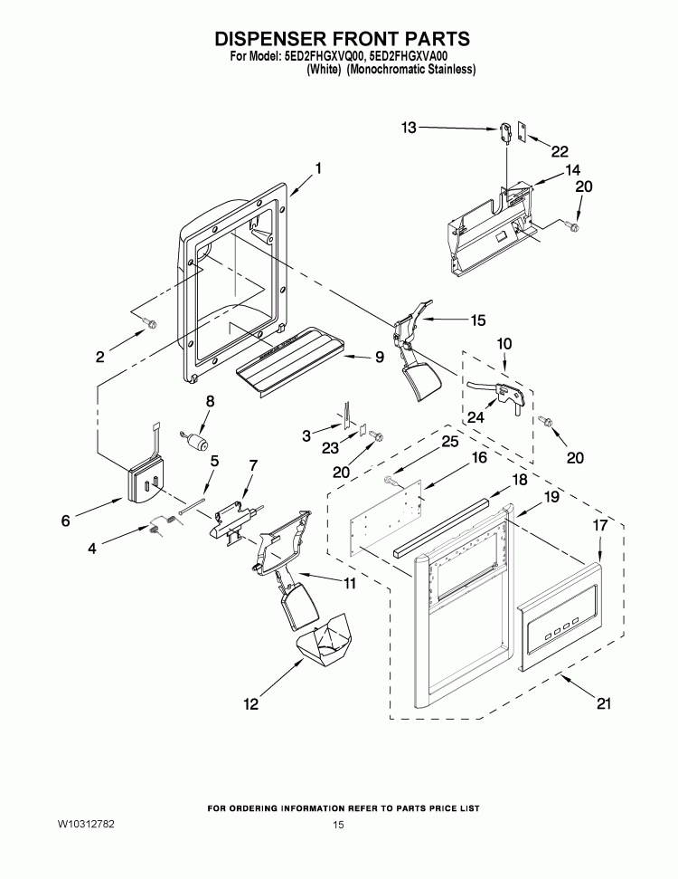 DISPENSER FRONT PARTS Diagram and Parts List for 5ED2FHGXVQ00  Whirlpool Refrigerator
