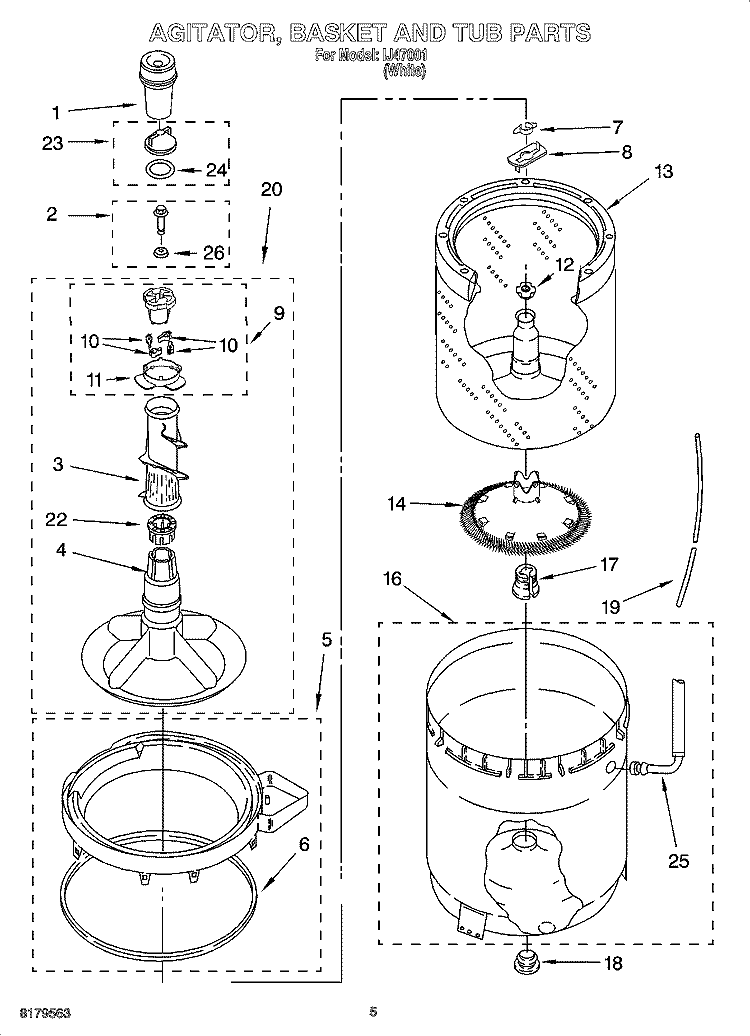 AGITATOR, BASKET AND TUB PARTS Diagram and Parts List for IJ47001  Inglis Washer