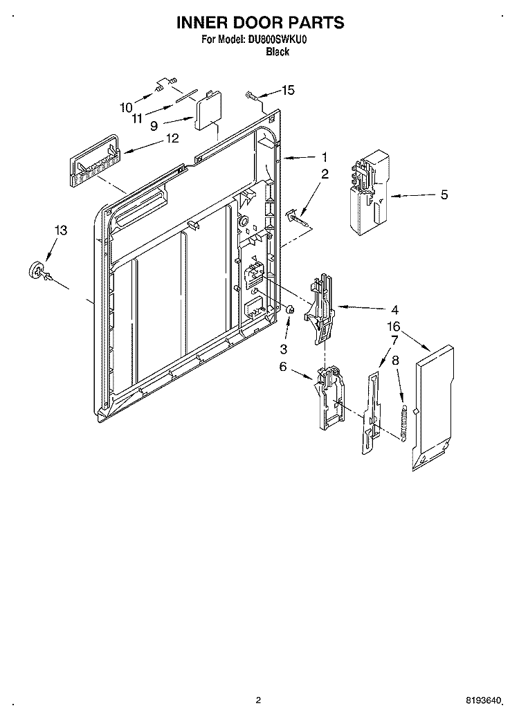 INNER DOOR Diagram and Parts List for DU800SWKU0  Whirlpool Dishwasher
