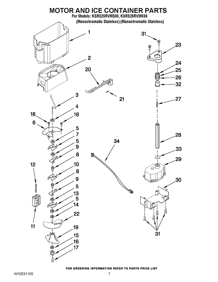 MOTOR AND ICE CONTAINER PARTS Diagram and Parts List for KSRS25RVMK05  KitchenAid Refrigerator
