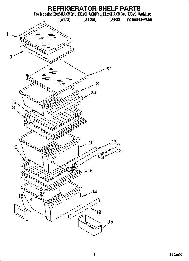 REFRIGERATOR SHELF PARTS Diagram and Parts List for ED2SHAXMQ10  Whirlpool Refrigerator
