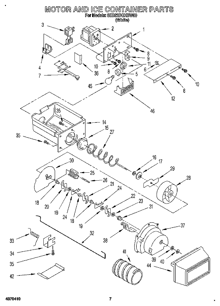 MOTOR AND ICE CONTAINER Diagram and Parts List for 6ED22DQXBW00  Whirlpool Refrigerator
