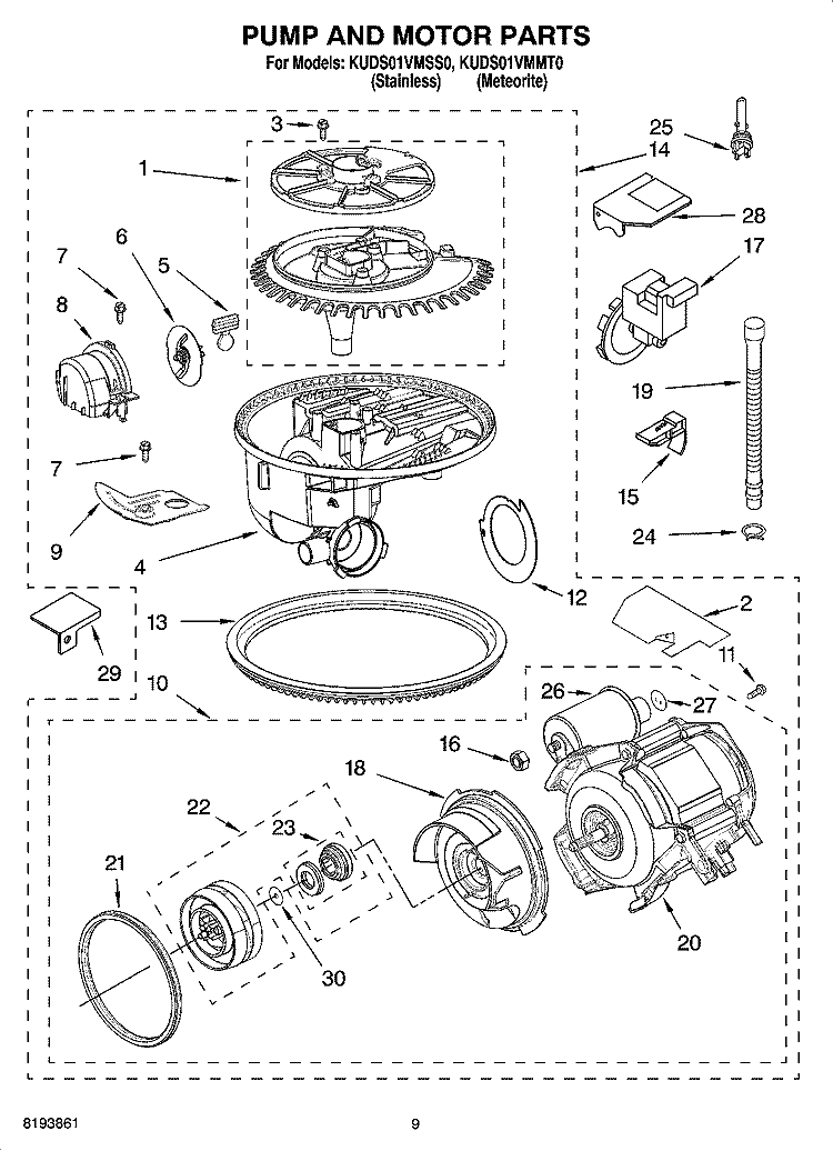 PUMP AND MOTOR PARTS Diagram and Parts List for KUDS01VMSS0  KitchenAid Dishwasher