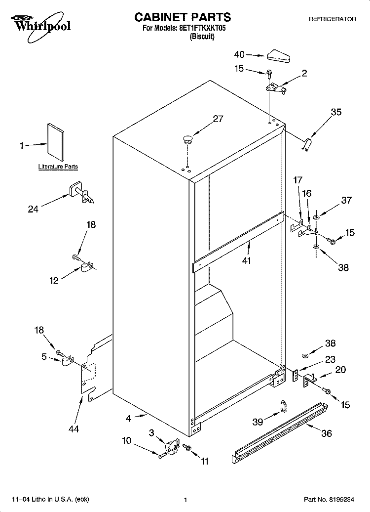 CABINET PARTS Diagram and Parts List for 8ET1FTKXKT05  Whirlpool Refrigerator
